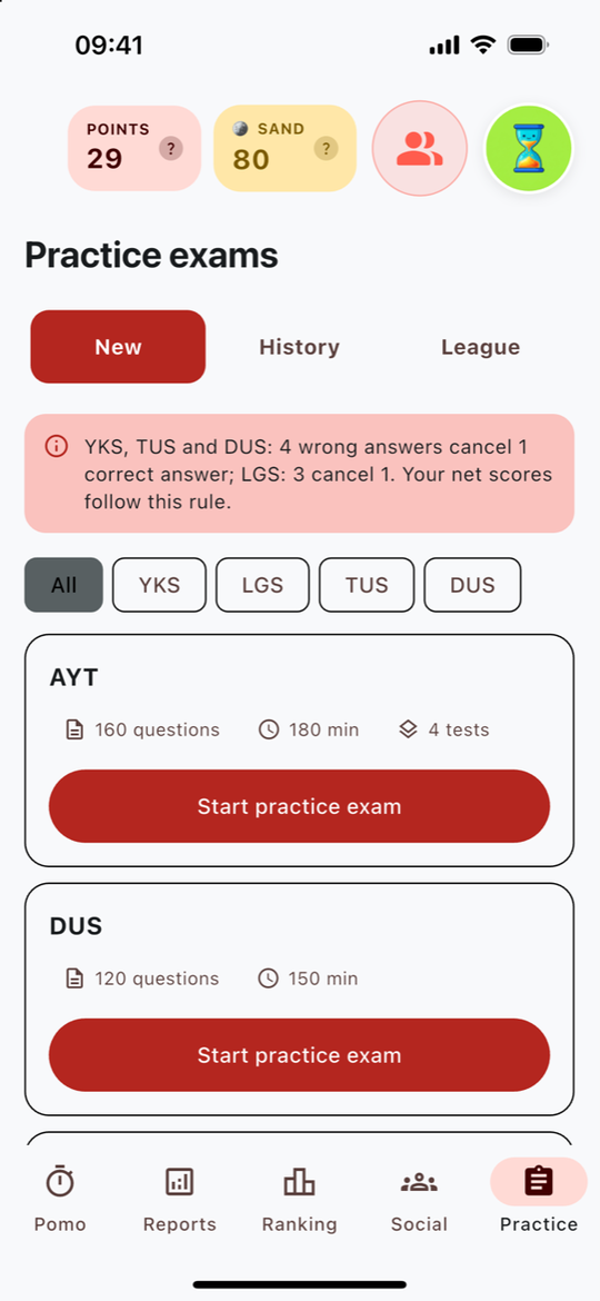 TYT, AYT, YDT, LGS, TUS and DUS mock exams with their duration and question counts