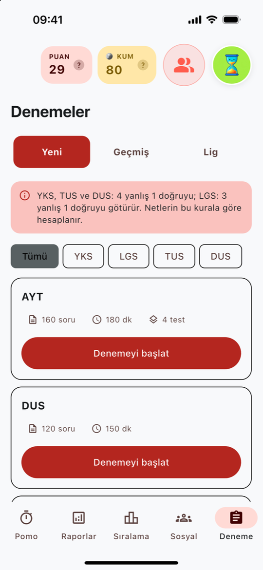 TYT, AYT, YDT, LGS, TUS ve DUS denemelerinin süre ve soru bilgileriyle seçimi