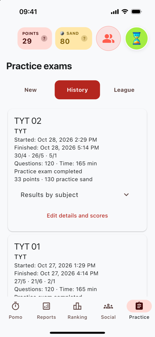 Deniz’s completed TYT attempts and subject results in My exams