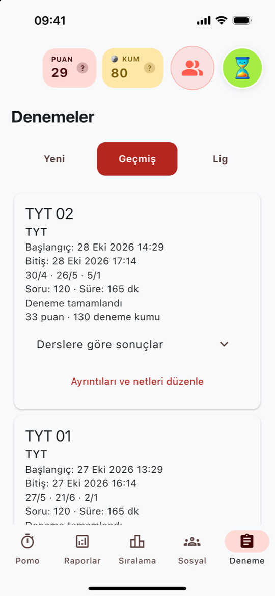 Denemelerim’de Deniz’in tamamlanan TYT kayıtları ve ders sonuçları