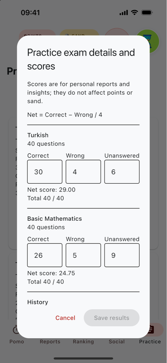 TYT result entry with correct, wrong and automatically calculated, editable unanswered counts