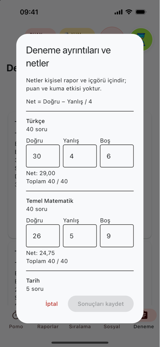 TYT net girişi: derslere göre doğru, yanlış, otomatik hesaplanan ve düzenlenebilir boş sayısı