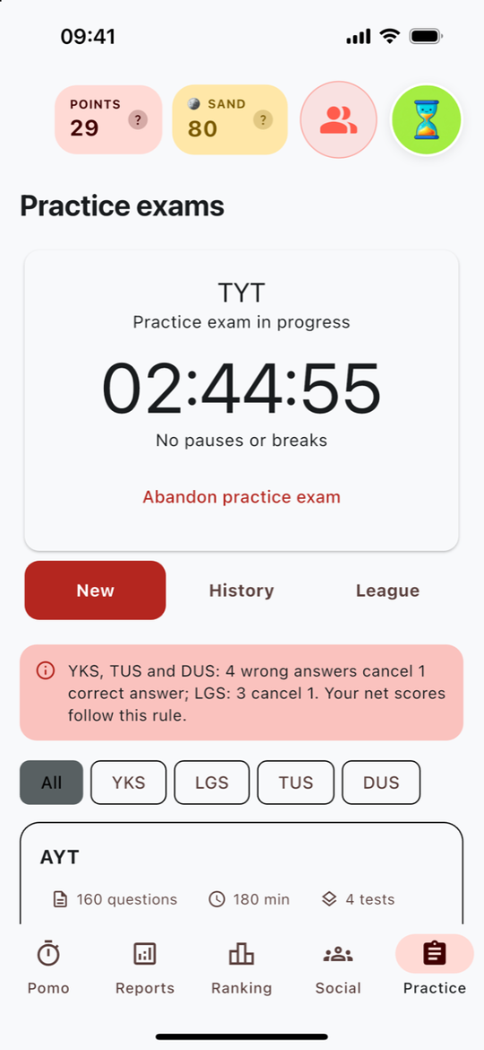 An active mock exam countdown without pause or break controls