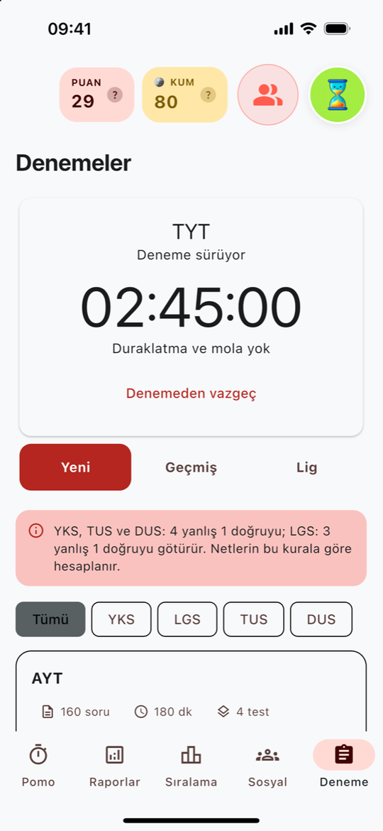 Mola ve duraklatma düğmesi olmayan, devam eden denemenin geri sayacı