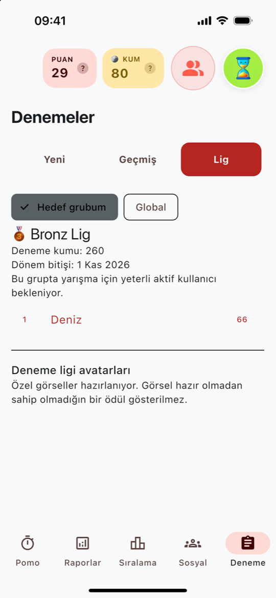 Normal ligden ayrı tutulan aylık deneme ligi ve puanları