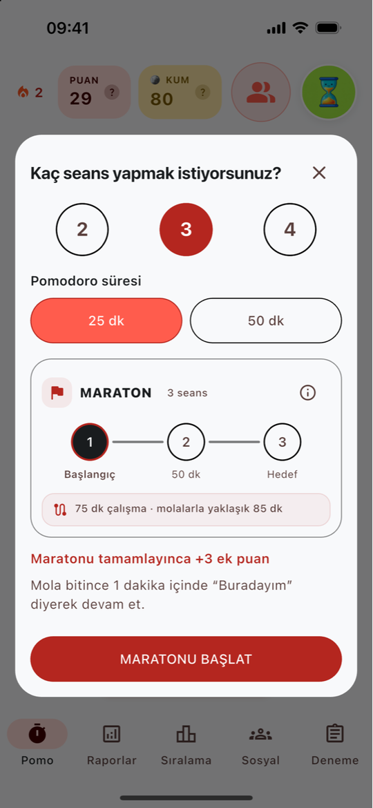 Maraton planlama penceresinde 2, 3 ve 4 seans ile 25/50 dakika seçimi