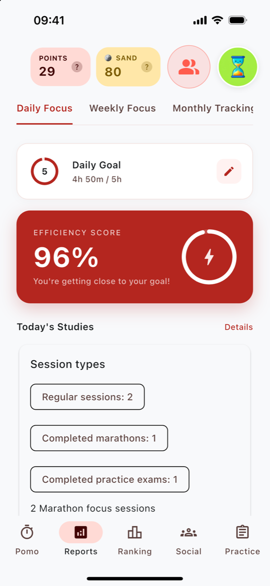 Daily report combining study time from Pomodoro, Marathon and completed mock exams