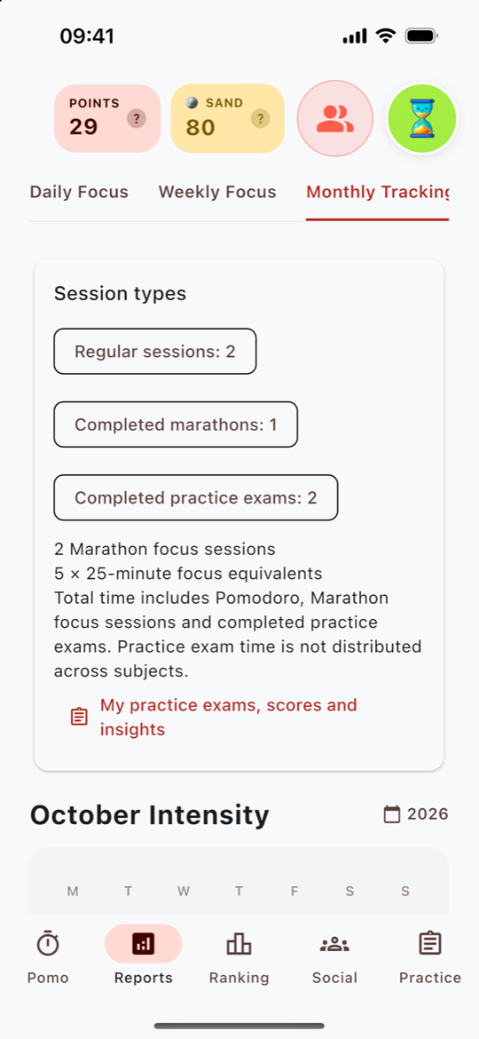 Monthly report with the study calendar and daily study totals