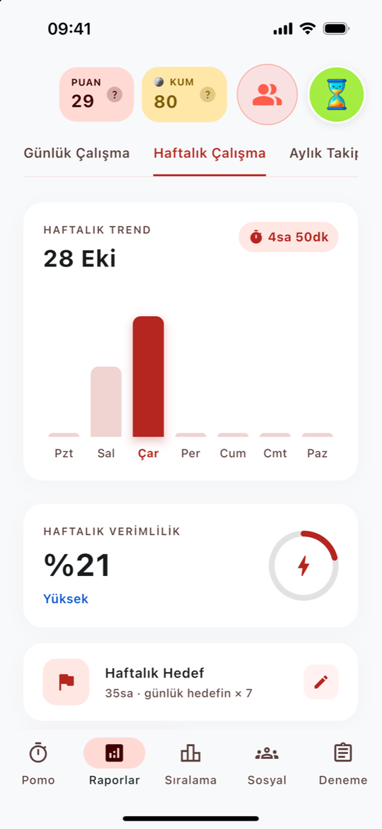 Haftalık raporda günlere göre çalışma grafiği ve kategori dağılımı