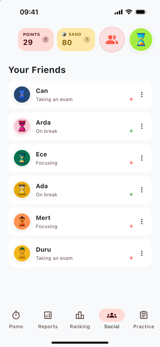 Deniz’s six sample friends shown as Focusing, On a break and Taking a mock exam