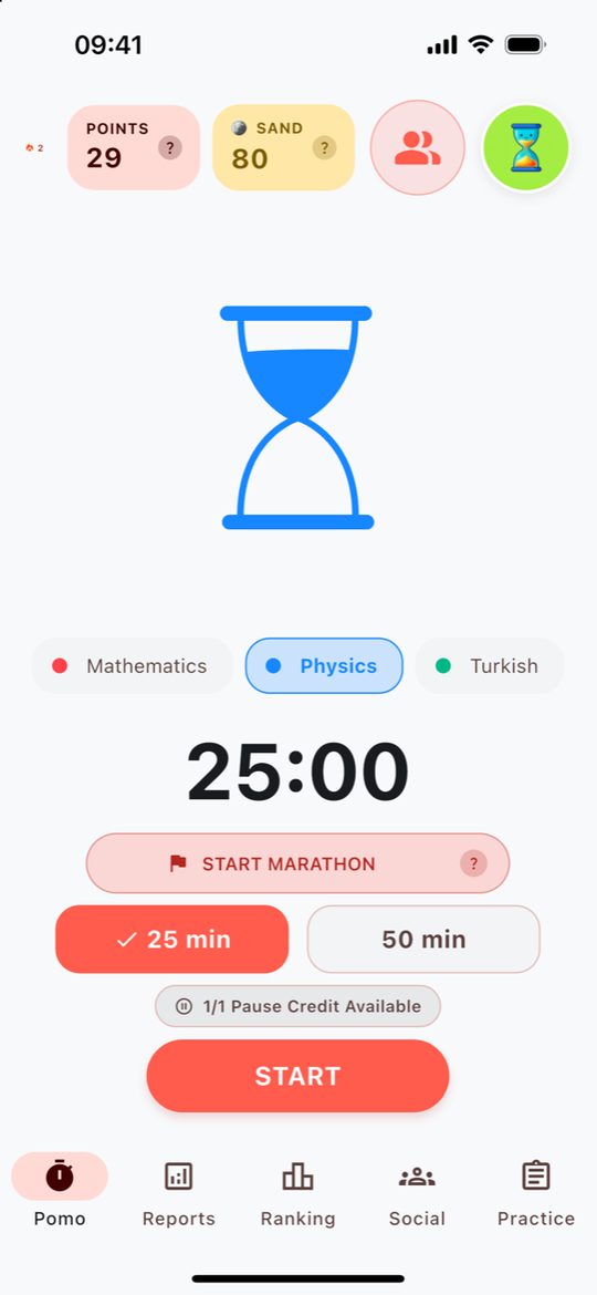 Deniz’s Pomo screen with 25/50-minute choices, categories and the current five tabs
