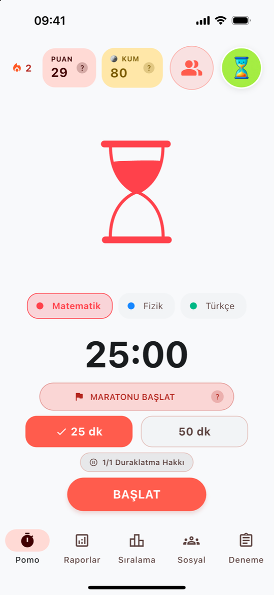 Deniz’in Pomo ekranında 25/50 dakika seçimi, kategoriler ve güncel beş sekme